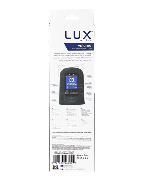 Lux Active Volume Rechargeable Penis Pump - Black | Pleasura