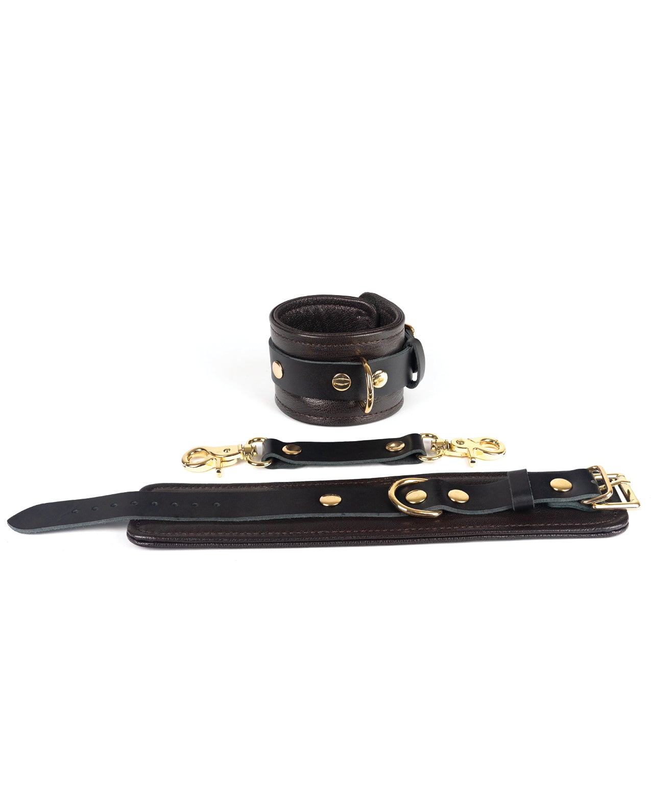 Spartacus Wrist Restraints - Brown Leather w/Gold Accent Hardware | Pleasura