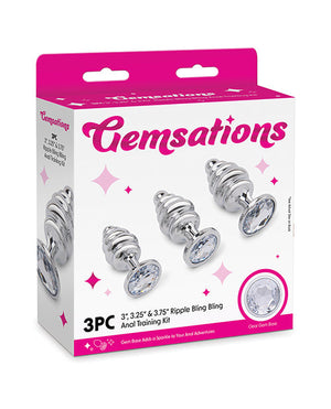 Gemsations 3 pc 2.95" & 3.25" & 3.7" Ripple Bling Bling Metal Butt Plug Training Set - Silver | Pleasura
