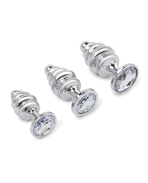 Gemsations 3 pc 2.95" & 3.25" & 3.7" Ripple Bling Bling Metal Butt Plug Training Set - Silver | Pleasura