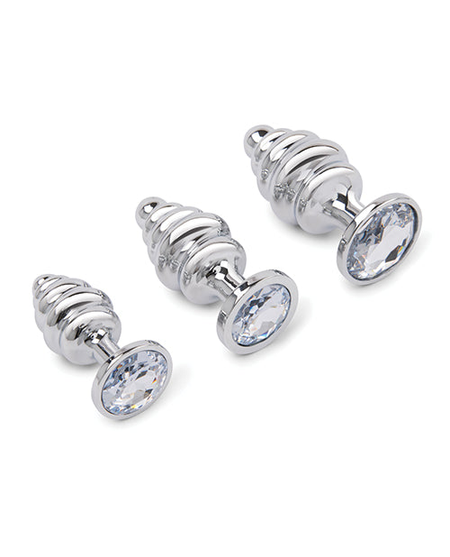 Gemsations 3 pc 2.95" & 3.25" & 3.7" Ripple Bling Bling Metal Butt Plug Training Set - Silver | Pleasura