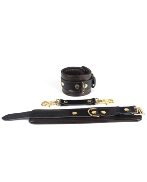 Spartacus Wrist Restraints - Brown Leather w/Gold Accent Hardware | Pleasura