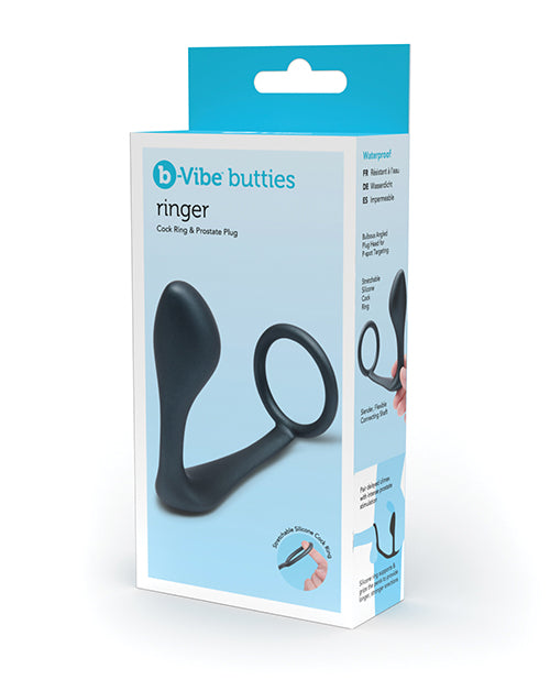 b-Vibe Butties Ringer Cock Ring & Prostate Plug - Black | Pleasura
