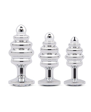 Gemsations 3 pc 2.95" & 3.25" & 3.7" Ripple Bling Bling Metal Butt Plug Training Set - Silver | Pleasura