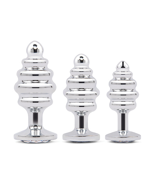 Gemsations 3 pc 2.95" & 3.25" & 3.7" Ripple Bling Bling Metal Butt Plug Training Set - Silver | Pleasura