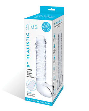 Glas 8" Realistic Ribbed Glass G-Spot Dildo w/Balls - Clear | Pleasura