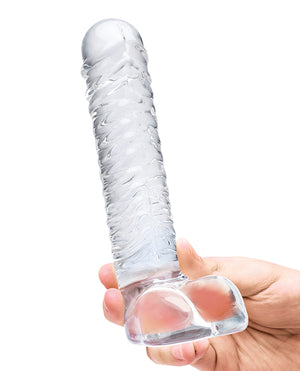 Glas 8" Realistic Ribbed Glass G-Spot Dildo w/Balls - Clear | Pleasura