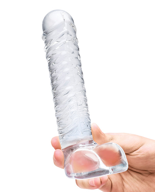Glas 8" Realistic Ribbed Glass G-Spot Dildo w/Balls - Clear | Pleasura