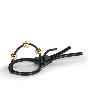 Mystim Pearly Pete Corona Strap w/Gold Balls - Black | Pleasura