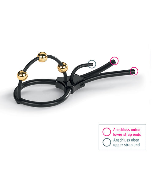 Mystim Pearly Pete Corona Strap w/Gold Balls - Black | Pleasura